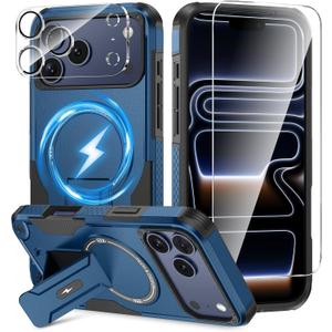 3 in 1 for iPhone 17 Pro Case [Compatible with MagSafe] [Invisible Kickstand] [HD Screen Protector] [Camera Lens Protector], Protective Magnetic Phone Cover for iPhone 17 Pro (Blue)
