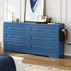 DWVO Farmhouse 6 Drawer Dresser for Bedroom, 59" Wide Modern Dresser TV Stand with Large Drawers & Bar Handles, Storage Dressers with Power Outlets, Rustic Wood Chest of Drawers, Blue