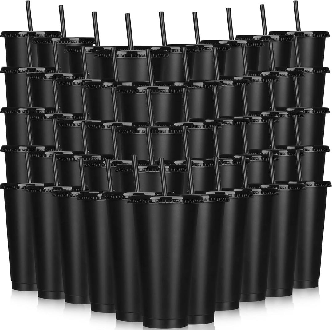 Bokon Tumbler with Straw and Lid Bulk 24 oz Reusable Plastic Cups with Lids and Straws Water Bottle Travel Mug Cup Tumblers Bulk for Cold Hot Drinks Parties Birthdays Adults(Black,100 Sets)