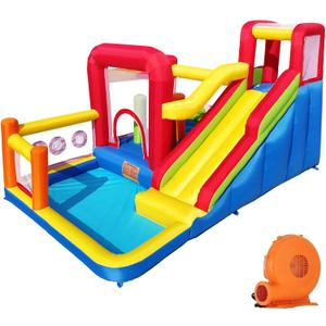 Hongcoral Bounce House, Inflatable Bounce Castle with Blower for Kids, Blow Up Jumping Bouncer with Slide, Climbing Wall, Obstacles, Trampoline, Ball Pit Pool for Indoor Outdoor