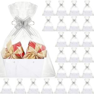 PerKoop 24 Pack Baskets for Gifts Bulk DIY Empty Gift Basket with Handles Kraft Cardboard Tray 24 Bags 24 Bows for Bridal Shower Graduation Wedding Birthday, 6. 5 x 9. 8 Inch(White)