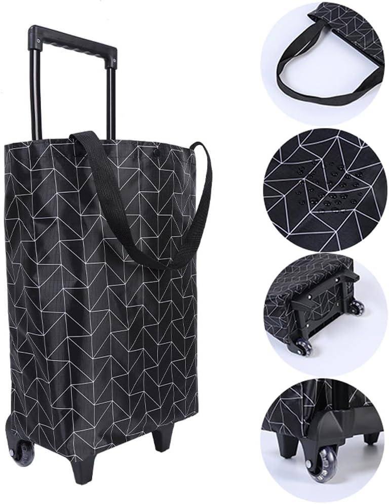 Small Collapsible Shopping Cart,Shopping Cart with Wheels,Folding Portable Bag,Waterproof Rolling Bag,Trolley Tote Stair Climbing for Traveling,Gift for Women&Older (Black)