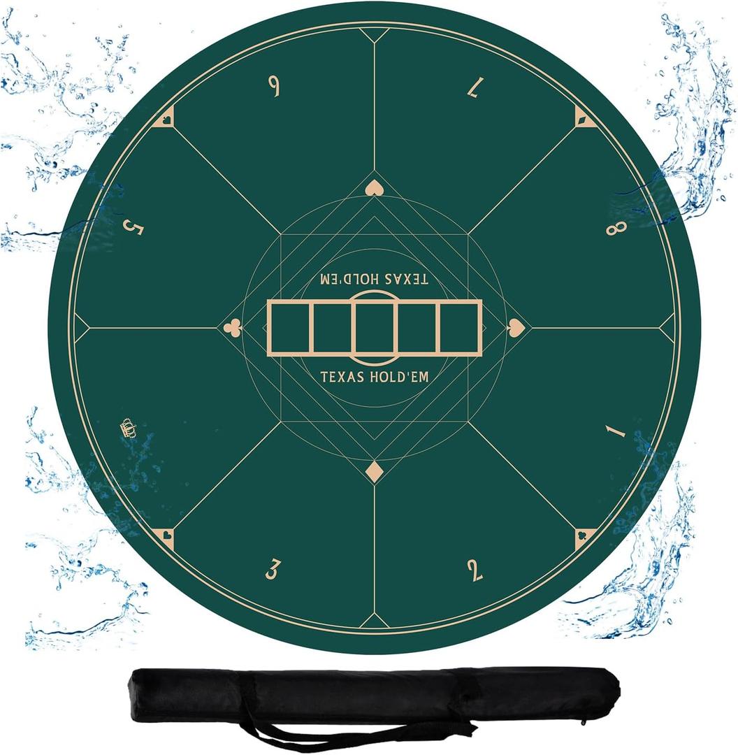 CONTINUE 47 x 47 Inch Poker Table Mat 8 Players Texas Hold'em Poker Mat Professional Poker Mat Anti-Slip Rubber Poker Table Top Layout with Carrying Bag for Poker Games, Blackjack, Casino (Round-green)