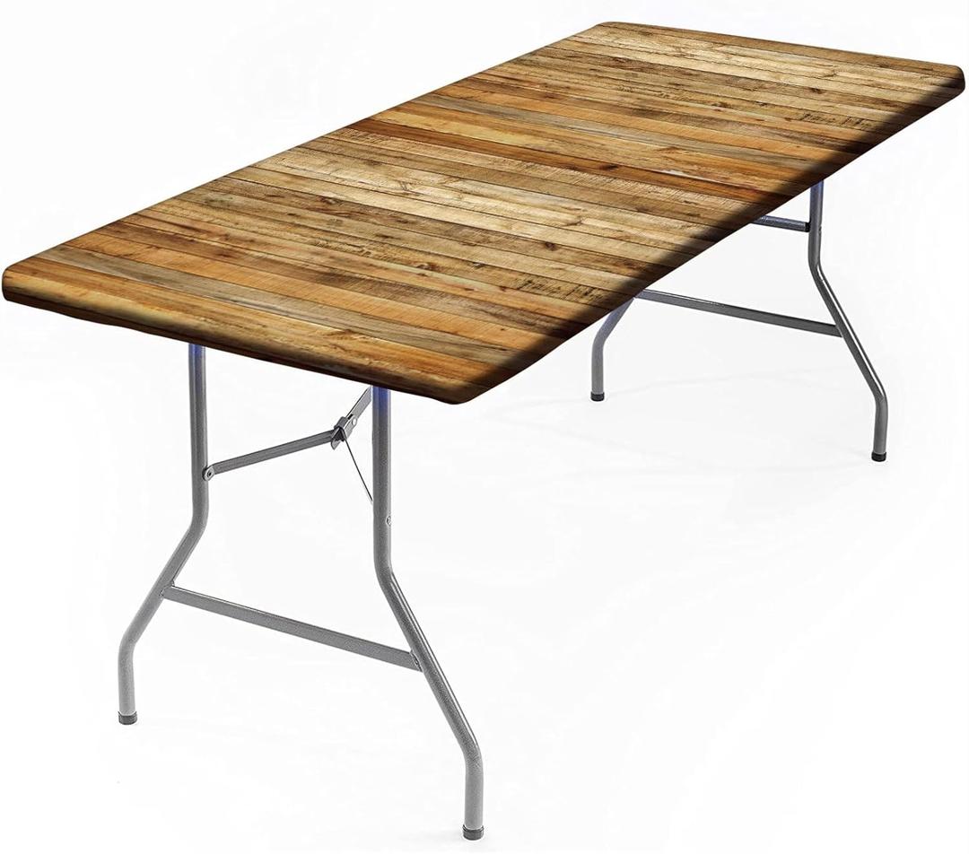 Rectangle Wood Grain Fitted Tablecloths, Brown Wooden Textured and Natural Walnut Elastic Edged Table Cover, for Indoor Dinner Outdoor Picnic Party Decor, 48x24 Inch, (4ft)