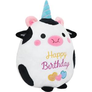 Cow Plush Toy 10 Inch Cute Cow Birthday Stuffed Animal Soft Cow Plushies Pillow Wear Unicorn Birthday Hat Kawaii Cartoon Doll Gifts for Kid Toddlers Home Room Decoration