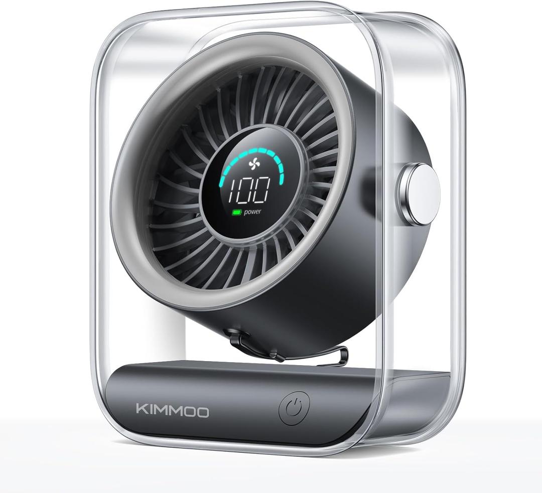 KIMMOO USB Desk Fan, Quiet Table Fan with Turbo Airflow, 100 Speeds, Digital Display, 90° Rotating, Small Rechargeable Battery Desktop Fans for Bedroom Home Office Travel, Black