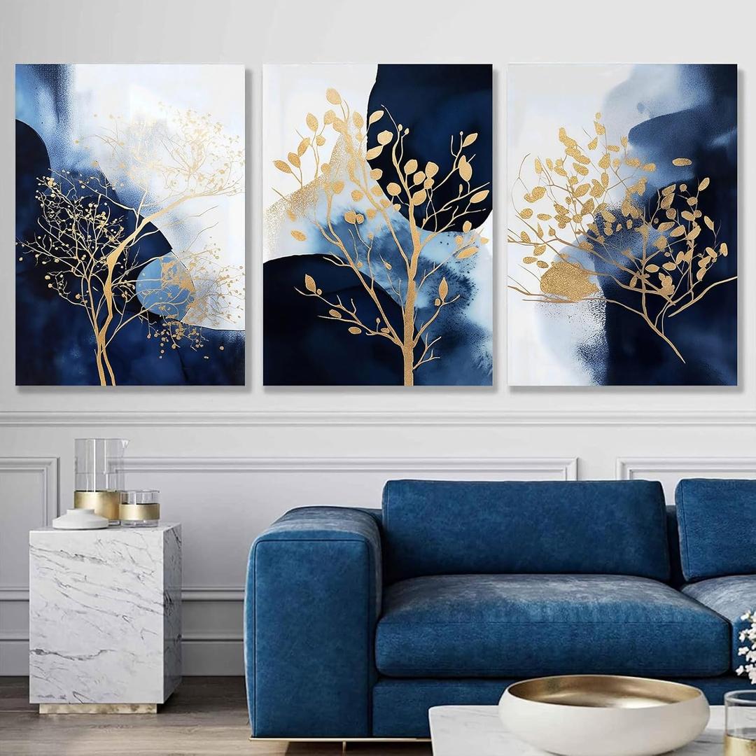 Blue Gold Abstract Canvas Wall Art Golden Tree Picture Blue Watercolor Prints Poster Navy Blue Abstract Painting Blue Gold White Abstract Art Modern Blue Picture Gold Foil Artwork 16x24inchx3 No Frame