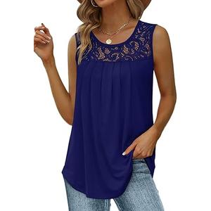 Saloogoe Summer Tank Tops for Women Loose Fit Pleated Tunics Scoop Neck Sleeveless Lace Tops Curved Hem Flowy 2XL