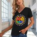 100 Days of School Shirt Teacher Happy 100th Day of School Graphic T-Shirt Casual V Neck Short Sleeve Tee Tops (Black, S)