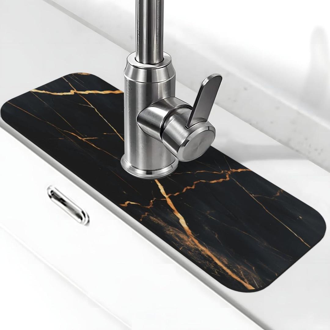Sink Faucet Mat Black Marble Kitchen Splash Guard Absorbent Bathroom Sink Mat Around Faucet 15" x 5.5" Drying Mats Stone Draining Mat