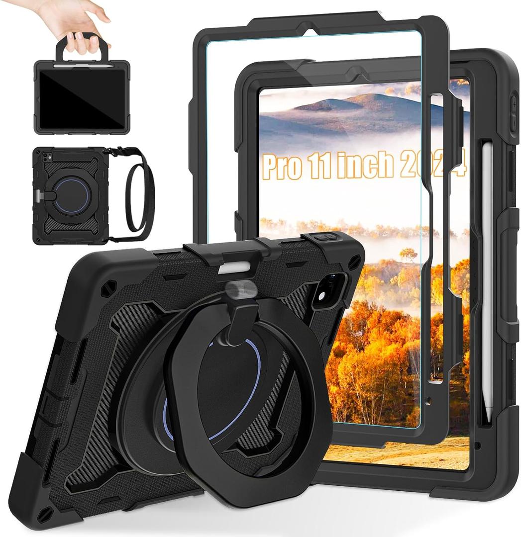 ROISKIN for iPad Pro 11 inch Case (M5/M4 (2025/2024)), Pro 11'' 6th/5th Gen -with HD Screen Protector, 360 Kickstand/Handle, Shoulder Strap, Pen Holder, Heavy Duty Military Grade - Kids Friendly (Black)