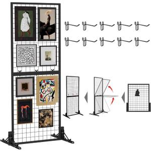 Mesh Wall Display Panel Heavy Duty Foldable, 2ft x 6ft Black Wire Wall Grid 1 Pack with 10 Hooks, Spring Load Pin (Flat Base) for Retail Display Stand, Supplier Showcase, Trr ade Exhibit