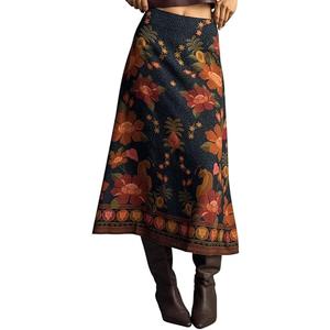 Breoklla Women 2025 Fall Skirt Boho Midi Western Skirt Floral Cowgirl Dress for Country Concert Outfit (2408B,Navy,M)