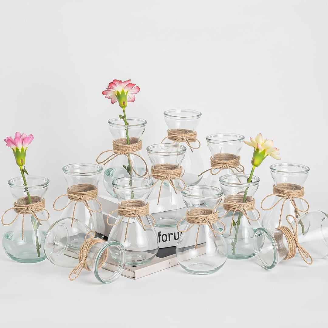 12 Hourglass Glass Bud Vases 5.3 H, Transparent Centerpiece Vases with Hemp Rope for Weddings Parties Farmhouse Decor