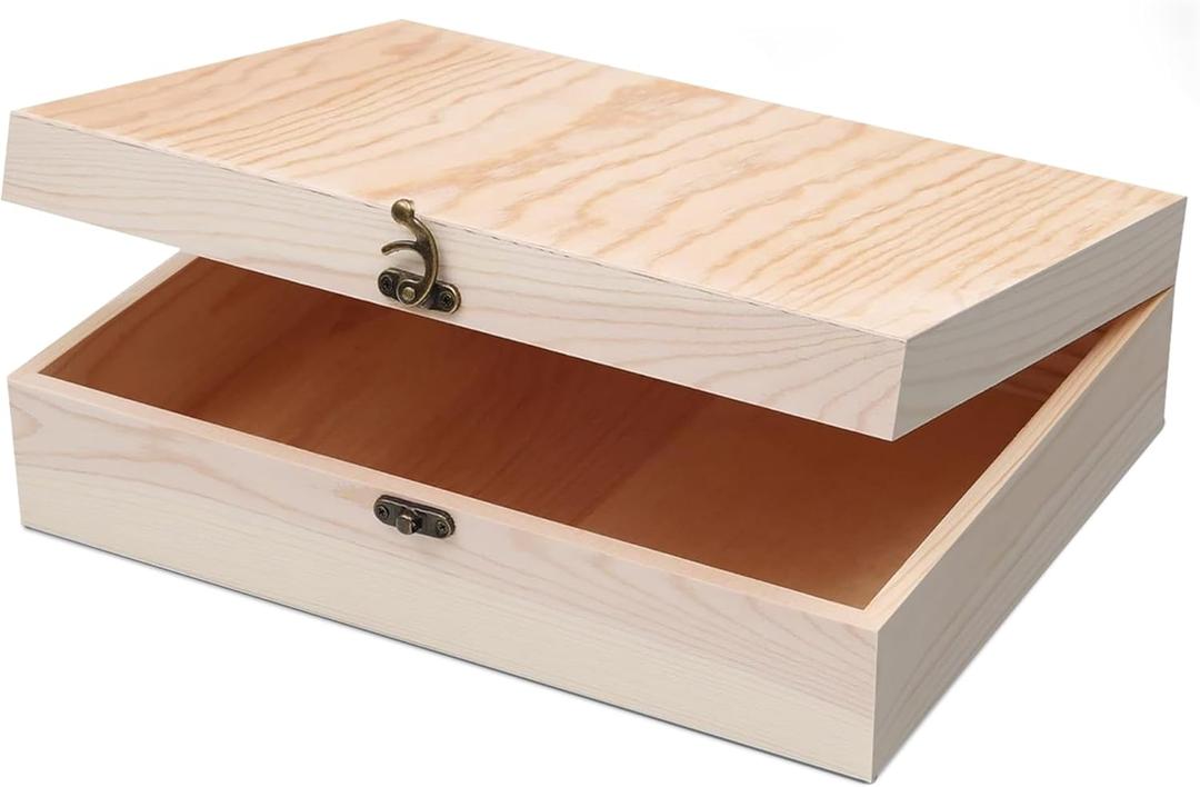 Unfinished Wooden Box with Hinged Lid for Crafts DIY Storage Jewelry Pine Box - 12" x 9" x 3.35"