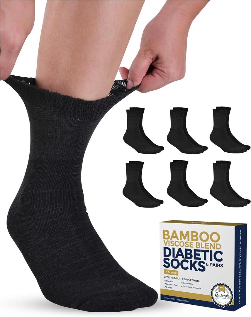 Pembrook Bamboo Viscose Diabetic Socks for Women & Men - 6 Pairs Ankle Diabetic Socks for Men 9-12 for Swollen Feet & Neuropathy | Moisture Wicking | Black (Medium)