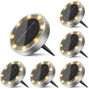 6 Pack Solar Ground Lights Outdoor, 8 LED Mini Flat Solar Disk Lights, IP65 Waterproof Anti-Rust Disc Light, Landscape Lighting for Garden Pathway Yard Walkway Driveway Lawn,Warm White
