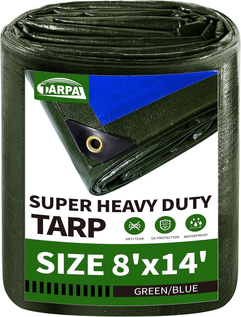 TARPAL 8x14 Tarp Heavy Duty Waterproof Tarp 16mil Thick Tarps with Metal Grommets Every 17.7" UV Protection&Tear -Resistant Cover for Firewood,Roof,Pool,Car,RV&Outdoor FurnitureGreen/Blue