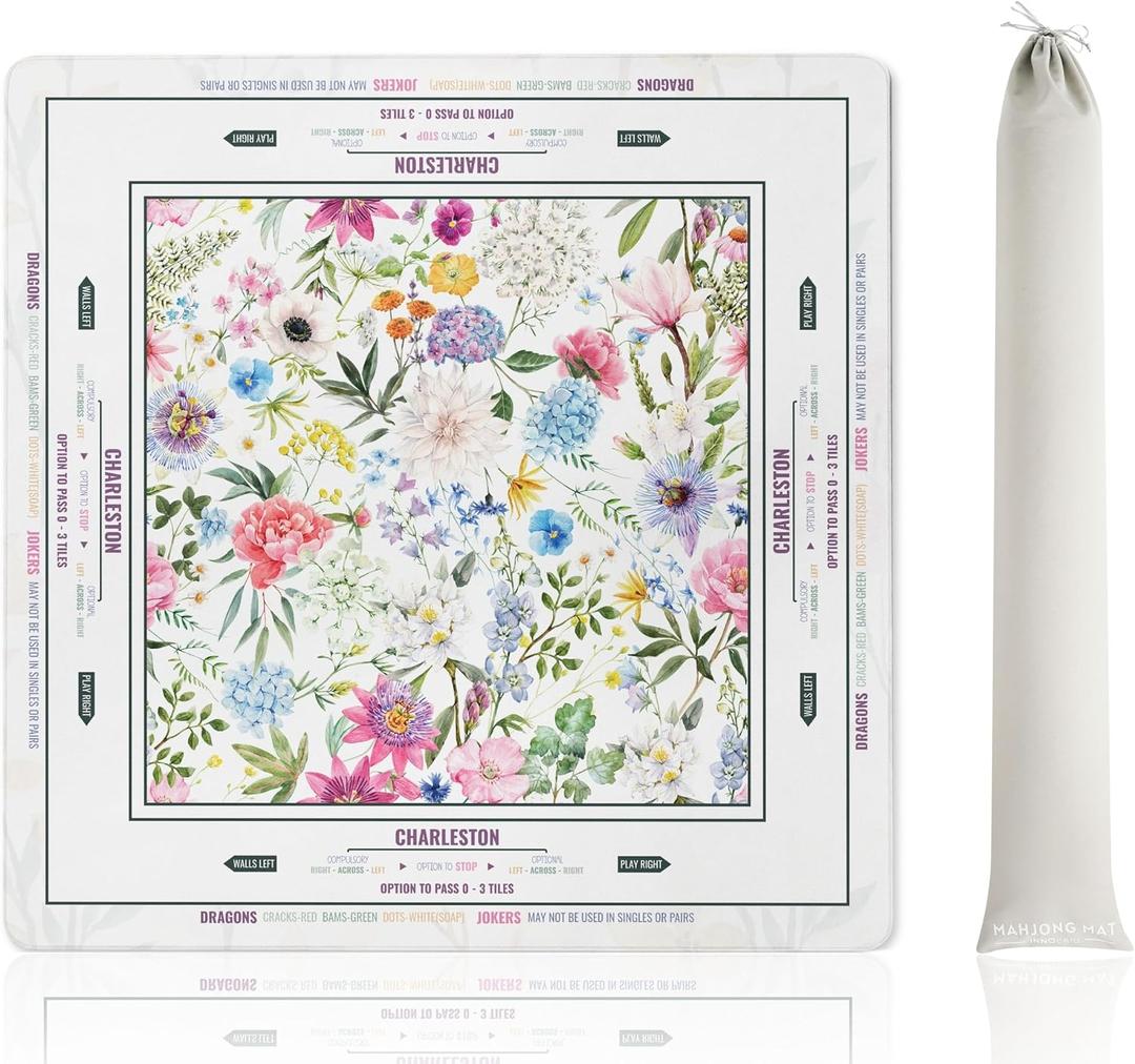 Mahjong Mat (33"x33") - Non-Slip Noise Reduction Gaming Mat for American Mahjong - Flower-Carnation-12