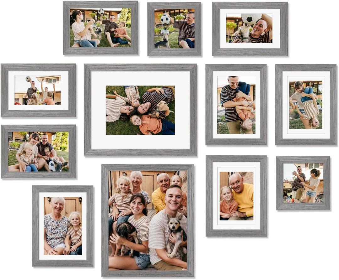 Egofine Picture Frame Set 12 Pack, Picture Frames Collage Wall Decor with Two 8x10, Four 5x7, Four 4x6, Two 4x4, Photo Frames for Wall and Tabletop, Made of Solid Wood, Covered by Plexiglass, Oak Grey (4x4+4x6+5x7+8x10)