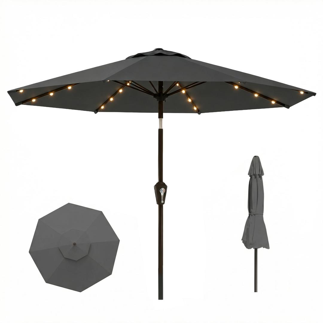 Tobeos 11FT Solar Lighted Patio Umbrella, Outdoor Table Market Umbrellas withn Crank Lift, 32 LED Lights, 8 Sturdy Ribs, UV-Resistant for Deck, Garden, Pool, Gray