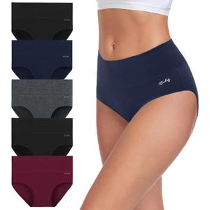 Coskefy Women's High Waisted Cotton Underwear Soft Breathable Panties Stretch Briefs Ladies Panties 5 Pack (Medium, Multicolor-03)