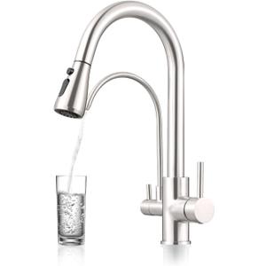 QAOYEDE 3 in 1 Faucet Kitchen with Drinking Water Tap, Dual Handle Pull Down Kitchen Faucet with Filter Faucet, 3-Way Faucet for RO System,Brushed Nickel