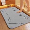 Cat Stone Bath Mat, 16"x12", Grey, Modern, Non-Slip, Machine Made, Cartoon Pattern
