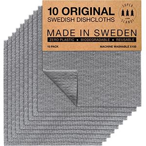 SUPERSCANDI 10 Pack Swedish Dishcloths for Kitchen - 100% Biodegradable & Compostable Reusable Paper Towels Washable, Food-Safe & Without Plastic - Dish Rags Suitable for Any Surface, Grey