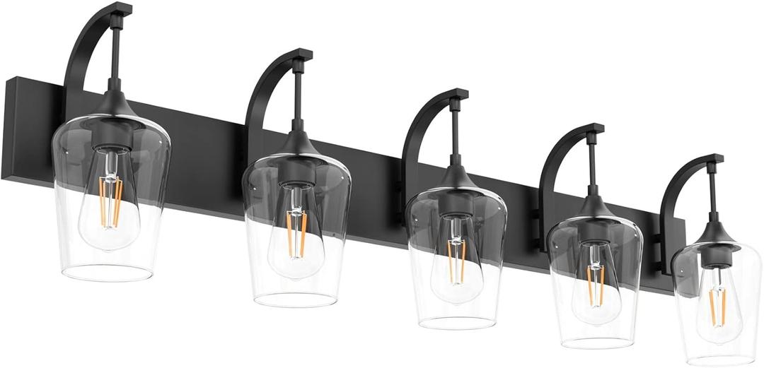 Ralbay Matte Black Bathroom Light Fixtures 5-Lights Industrial Black Vanity Lights Clear Glass Vintage Edison Matte Black Wall Mount Light Fixture for Bathroom (42.5 inch)
