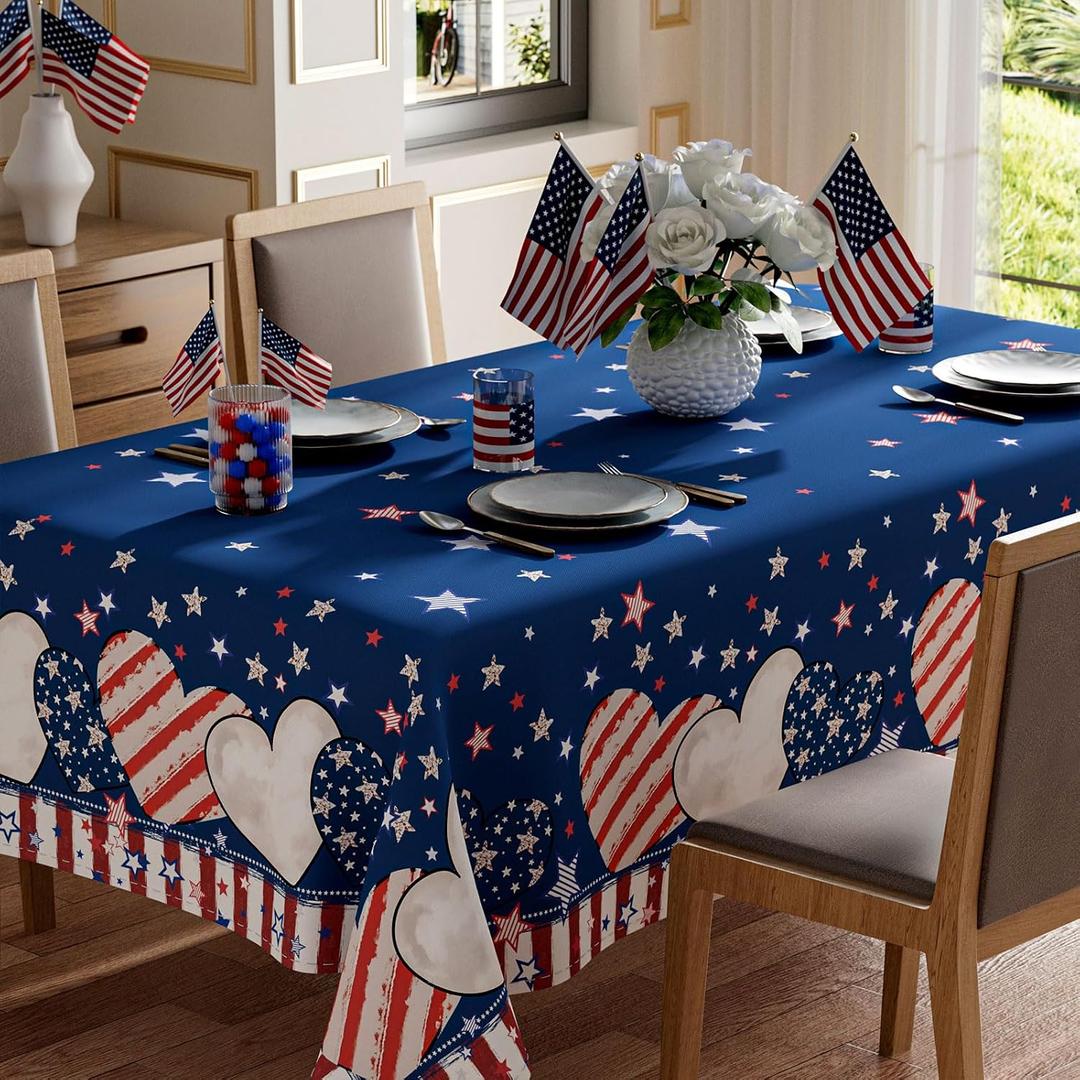 XCHI Stripe Stars Love Heart America Patriotic 4th of July Memorial Day Independence Day Tablecloth Rectangle Washable Table Covers for Home Party Decorations 60x104 Inch