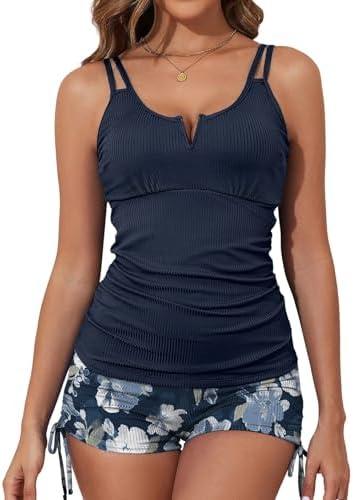 Aleumdr Women's Two Piece Tankini Swimsuit Tummy Control Bathing Suit V Neck Swim Tank Top with Boyshorts, S