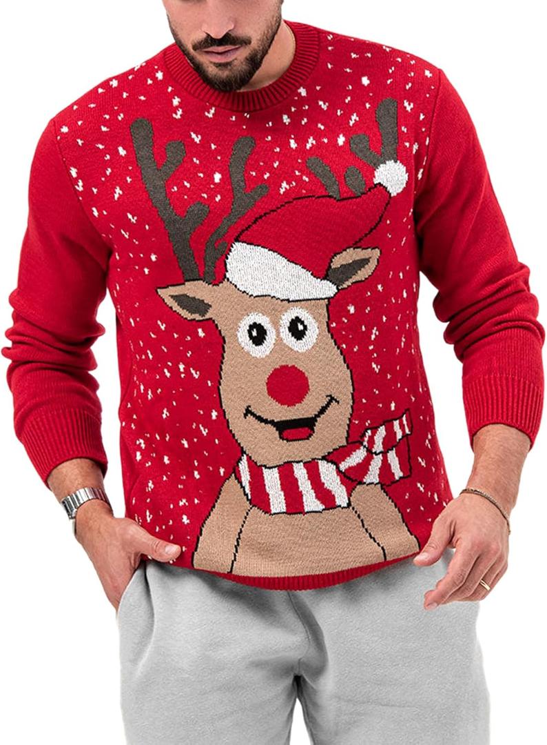 Karlywindow Mens Ugly Christmas Sweater Holiday Reindeer Snowflake Santa Soft Pullover Long Sleeve Knitted Sweaters (X-Large, Red)