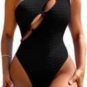 SKAYS Women's One Piece One Shoulder Swimsuit with Cutout Halter Design High Waisted Sexy Tummy Control Bathing Suit (Medium, Black)