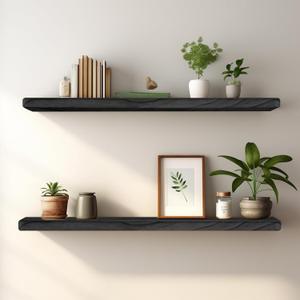Floating Shelves 24 Inches Long, Set of 2 Solid Rustic Wood Wall Mounted Shelves, Wall Picture Ledge Shelf with Invisible Metal Brackets for Living Room, Bedroom, Bathroom, Black