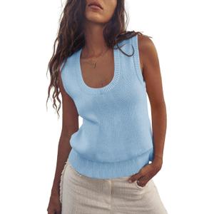 Saodimallsu Womens Summer Sweater Vest Sleeveless Ribbed Knit Tank Tops Going Out Casual Basic Scoop Neck Tshirt (Small, Light Blue)