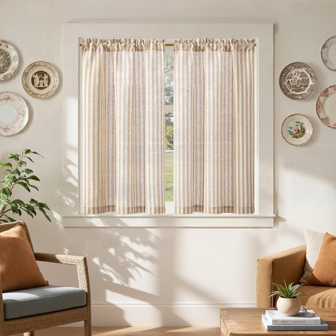 Jinchan Striped Linen Kitchen Curtains 45 Inches Length Tier Curtains Farmhouse Modern Cafe Style Small Window Treatments Airy Light Filtering Rod Pocket for Living Room Bathroom 2 Panels Tan