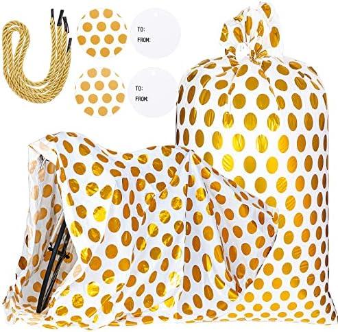 Sabary 2 Pcs 80 x 60 Inch Jumbo Bike Gift Bags Christmas Extra Large Plastic Giant Thicken Bicycle Bag White and Gold Dots Xmas Holiday Bags for Snack Treat Goodies Weddings Birthdays Engagement Party