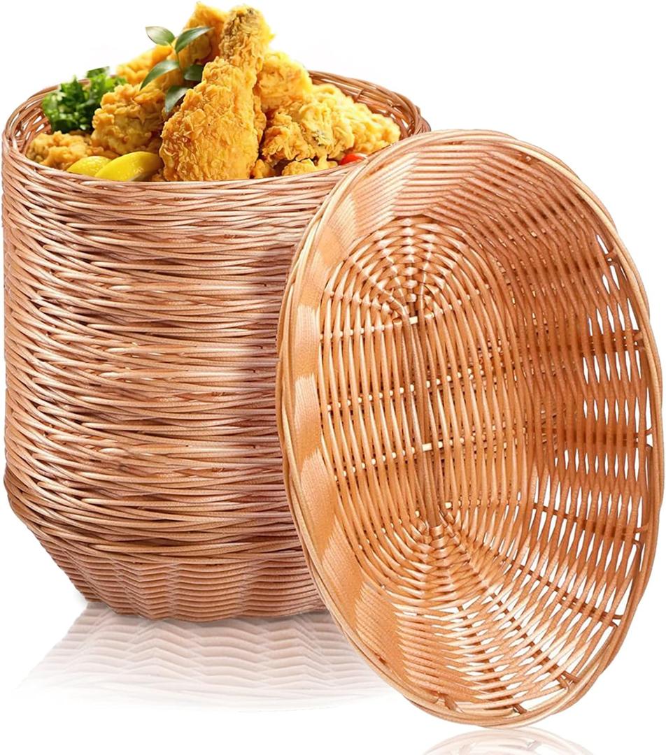 12 Pack Plastic Oval Basket Small Gift Baskets, Food Storage Basket & Fruit Basket, 10 x 5.8 x 2.75 Inches with Bow Ribbon Decorative Bags Ties for Sweets Party Favors Bulk Packaging