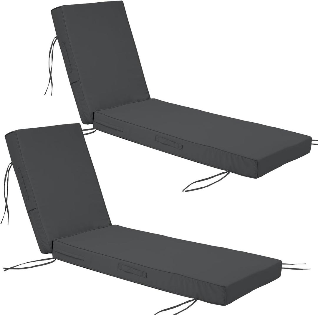 Chaise Lounge Cushions Outdoor Set of 2, Waterproof & Fade Resistant Patio Lounger Cushions, Replacement Sun Lounger Pads with Removable Cover for Pool, Deck, Lawn Furniture