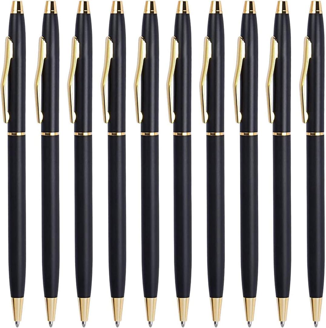Cambond Slim Ballpoint Pens Bulk - Black Ink 1.0mm Medium Point Retractable Metal Pen for Police Uniform, Flight Attendant & Office, 10 Pack (Black Barrel)