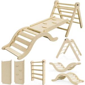 bbgroundgrm Pikler Triangle Set Climber 5 in 1, Toddler Climbing Toys Indoor Folding with Ramp & Arch for Montessori Play Gym for Toddlers and Kids (Natural)(99" Wx21 Dx23 H)