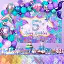 Holkcog 5th Birthday Decoration, 5th Mermaid Birthday Party Decorations, 5 Years Old Mermaid Party Background Banner Balloons Cake Topper Wall Tablecloth, 5 Party Decor Supply for Kids Girls Women