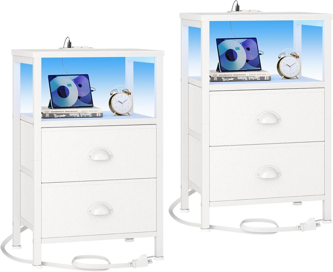 Furologee Nightstands Set of 2, End Tables Set of 2 with Charging Station and LED Lights, White Night Stands with 2 Fabric Drawers, Bedside Tables for Living Room/Bedroom