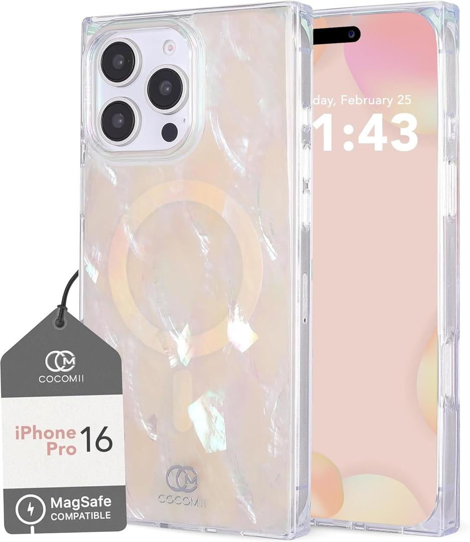 COCOMII Rectangle Case for iPhone 16 Pro, Compatible with MagSafe, Natural Real Mother of Pearl