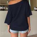 Women's Off Shoulder Tops Letter Graphic Tees Half Sleeve Baggy Summer T-Shirts (Blue, L)