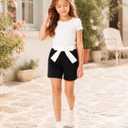 Girls Paper Bag Waist Shorts Casual Summer High Waisted Shorts with Bow Belt Black 9-10 Years (Black)