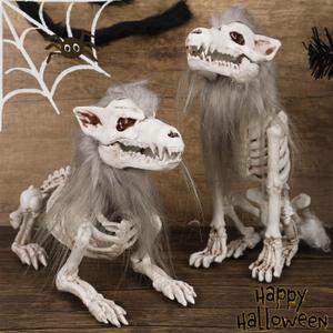 yosager 2 Pack Halloween Skeleton Wolf Decorations, Pose-N-Stay Sitting Hyena Skeleton with Grey Mane, Mini Plastic Wolves Bones Full Body Realistic, Scary Prop Haunted House Graveyard Decor