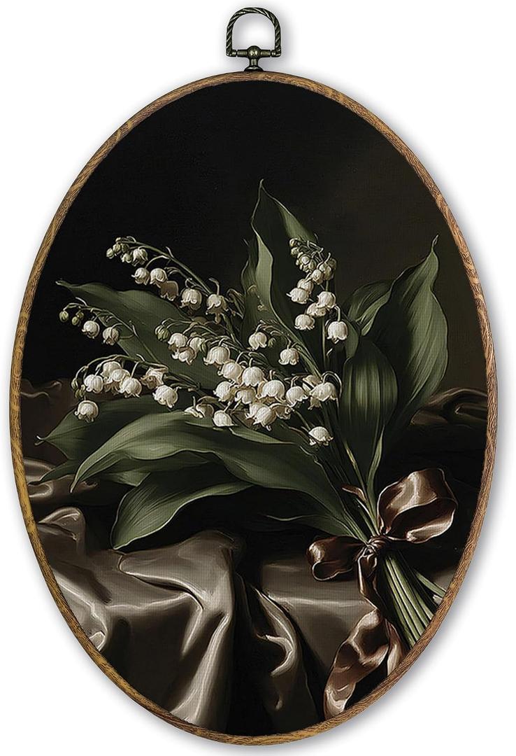 TLESKE Dark Vintage Lily of the Valley Oval Wall Art Decor Framed 9x12, Dark Academia Cottagecore Canvas Wall Art Prints Artwork, Moody Floral Wall Hanging Room Door Decor for Bedroom Bathroom, 11.3"L x 8.7"W