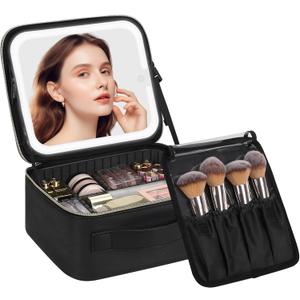 Chomeiu Makeup Bag with LED Mirror, Travel Makeup Case for Women and Makeup Artists Cosmetic Organizer Large Make Up Bags with Light Up Mirror, 3 Color Lights, Adjustable Dividers and Brush Holder (01-Black)